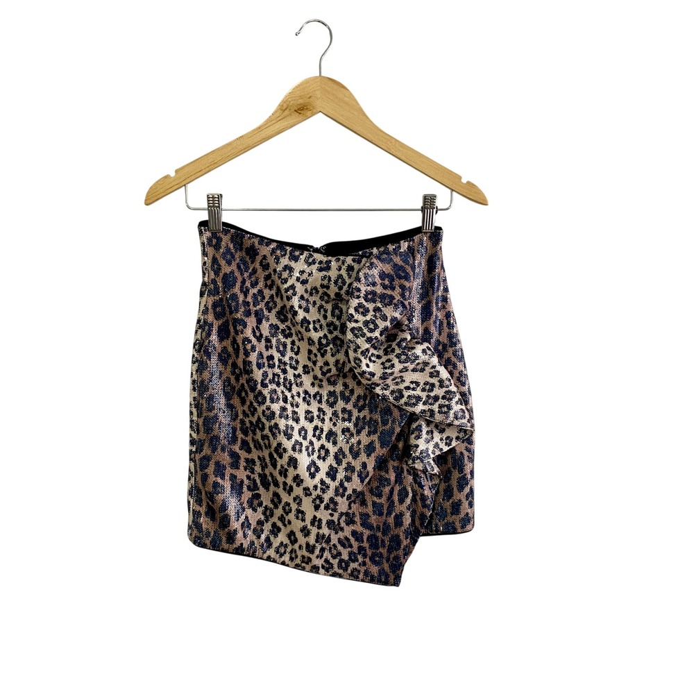 Camila Coelho Sequin Leopard Print Asymmetrical Ruffle Mini Skirt Small Sz S
